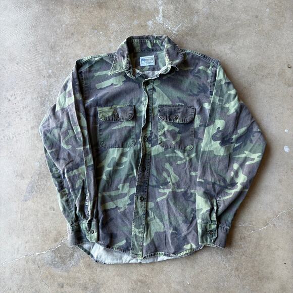 VINTAGE 80S 90S FIVE BROTHER CAMO BUTTON UP SHIRT GREEN OUTDOORS MENS MEDIUM - Picture 1 of 5